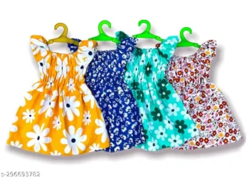 New Fancy Designer Yellow baby Girls Cotton Floral Printed Frocks / Midi / Jabhla Dresses set for infant to kids (Combo Pack of 4)