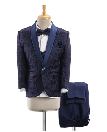 Babyhug Full Sleeves Brocade Party Suit With Blazer Floral Embroidery- Navy Blue