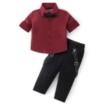Babyhug Woven Full Sleeves Solid Party Shirt & Trouser Set with Bow & Suspenders - Maroon & Black
