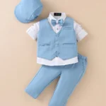 ROBO FRY Robo Fry Cotton Full Sleeves Striped Party Suit With Bow & Hat- Blue