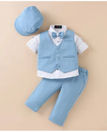 ROBO FRY Robo Fry Cotton Full Sleeves Striped Party Suit With Bow & Hat- Blue