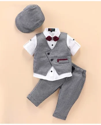 ROBO FRY Robo Fry Cotton Full Sleeves Checkered Party Suit With Bow & Hat- Grey