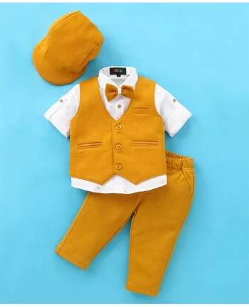 ROBO FRY Robo Fry Cotton Lycra Full Sleeves Party Suit With Bow & Cap Solid Color - Muster Yellow