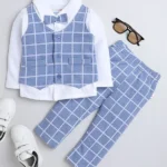 BUMZEE Full Sleeves Solid Shirt With Graph Checked Waistcoat & Coordinating Pant - Blueish Grey & White