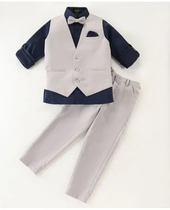 ROBO FRY Robo Fry Cotton Full Sleeves Solid Party Suit With Waistcoat & Bow- Grey & Blue