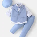 Babyhug Woven Full Sleeves Floral Print Party Suit with Bow & Cap - Ice Blue & White