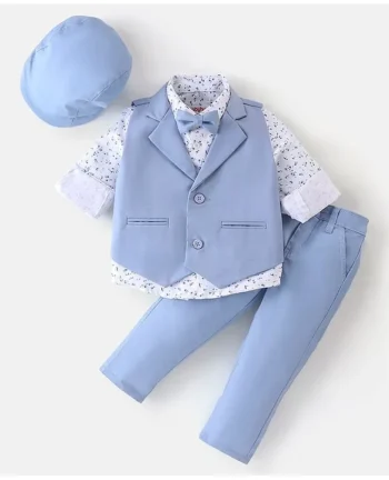 Babyhug Woven Full Sleeves Floral Print Party Suit with Bow & Cap - Ice Blue & White