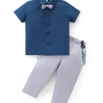 Babyhug Woven Half Sleeves Solid Shirt & Trouser Set with Bow Tie & Suspender - Blue & Grey