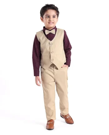 Babyhug Cotton Full Sleeves Party Wear Suit With Blazer Heart Print - Beige & Maroon