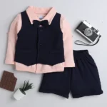 BUMZEE Full Sleeves Solid 3 Piece Shirt Waistcoat & Short Set - Navy Blue & Peach