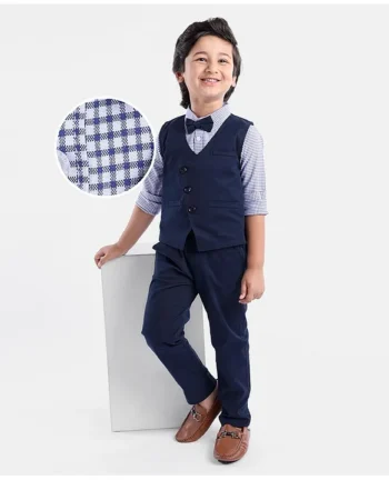 Mark & Mia Full Sleeves Checkered Party Suit with Bow Tie - Blue