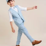 Babyhug Full Sleeves Three Piece Party Suit Checkered with Bow & Hat - White & Blue