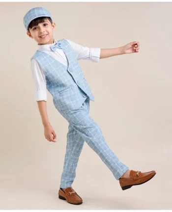Babyhug Full Sleeves Three Piece Party Suit Checkered with Bow & Hat - White & Blue