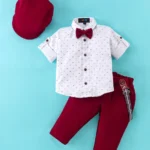 ROBO FRY Robo Fry Cotton Lycra DC Full Sleeves Shirt & Pants Set With Suspender & Bow Abstract Print - White & Maroon