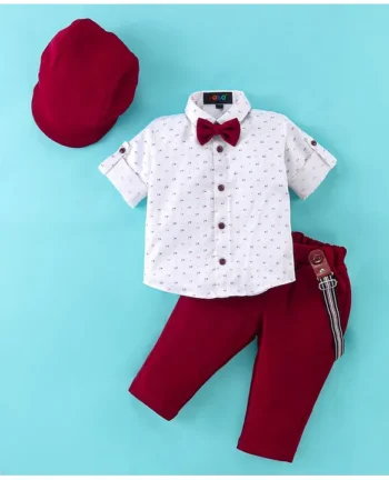 ROBO FRY Robo Fry Cotton Lycra DC Full Sleeves Shirt & Pants Set With Suspender & Bow Abstract Print - White & Maroon
