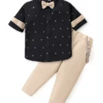 Babyhug Woven Full Sleeves Party Wear Shirt & Pant With Bow & Suspender Sunglasses Print - Black & Beige