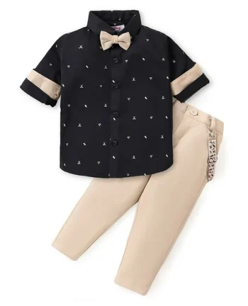 Babyhug Woven Full Sleeves Party Wear Shirt & Pant With Bow & Suspender Sunglasses Print - Black & Beige