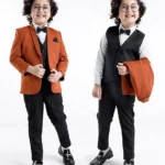 Babyhug Woven Full Sleeves Stretch Fit Five Piece Party Suit Solid Colour- Rust & Black