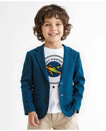 Babyhug Woven Full Sleeves Party Blazer With T-Shirt Aircraft Graphics - Blue & White