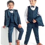Babyhug Full Sleeves Solid Color 5 Pieces Party Suit With Waistcoat & Bow -Teal Blue