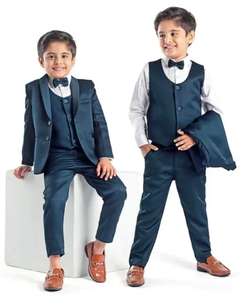 Babyhug Full Sleeves Solid Color 5 Pieces Party Suit With Waistcoat & Bow -Teal Blue