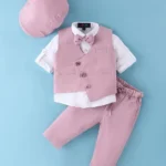 ROBO FRY Robo Fry Cotton Knit Full Sleeves Party Suit with Hat & Bow Solid Colour- Pink