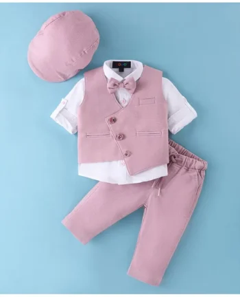 ROBO FRY Robo Fry Cotton Knit Full Sleeves Party Suit with Hat & Bow Solid Colour- Pink
