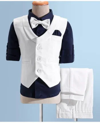 ROBO FRY Robo Fry Cotton Woven Full Sleeves 3 Piece Solid Colour Party Suit with Bow - White