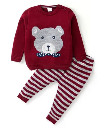 Babyhug Knitted Full Sleeves Sweater Set Stripes & Bear Design - Maroon