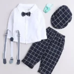 BUMZEE Full Sleeves Solid & Checked 4 Piece Suit Set - Navy Blue & White