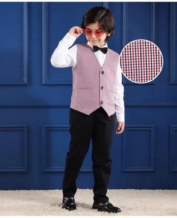 Mark & Mia Full Sleeves Party Suit With Checks Waist Coat & Bow Detailing - Multicolour