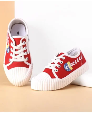 Cute Walk by Babyhug Lace Ups Casual Shoes with Leaf Embroidered - Red