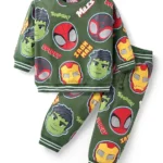 Babyhug Marvel Terry Knit Full Sleeves T-Shirt & Lounge Pant Set With Spidey & Friends Graphics - Green