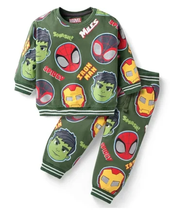 Babyhug Marvel Terry Knit Full Sleeves T-Shirt & Lounge Pant Set With Spidey & Friends Graphics - Green