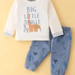 Mini Taurus Cotton Knit Full Sleeves T-Shirt & Lounge Pants Set With Animals Print - Blue