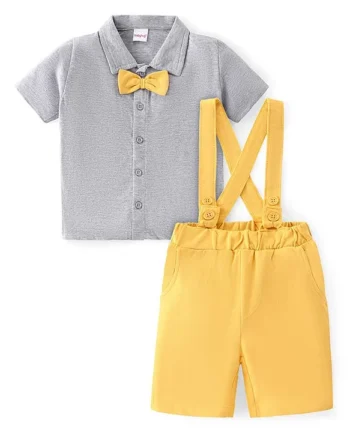 Babyhug Cotton Knit Half Sleeves Solid Shirt & Shorts Set With Attached Bow & Suspender - Grey & Yellow