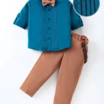 Mark & Mia Full Sleeves Solid Colour Shirt & Trouser Set with Pintucks Detailing Bow & Suspender - Blue