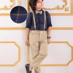 Mark & Mia Full Sleeves Checkered Shirt & Trouser Set with Bow & Suspender - Navy Blue