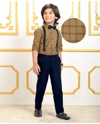 Mark & Mia Full Sleeves Checkered Party Shirt & Trouser with Bow & Suspender - Beige