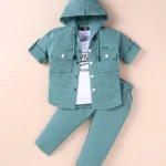 JASH KIDS Cotton Knit Full Sleeves Textured Hooded Shirt & Trouser Set with Text Printed T-Shirt - Sea Green