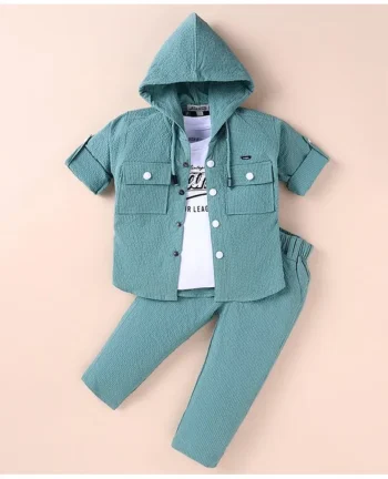 JASH KIDS Cotton Knit Full Sleeves Textured Hooded Shirt & Trouser Set with Text Printed T-Shirt - Sea Green