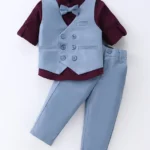 Mark & Mia Full Sleeves 3 Piece Party Suit with Bow - Blue & Maroon