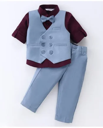 Mark & Mia Full Sleeves 3 Piece Party Suit with Bow - Blue & Maroon