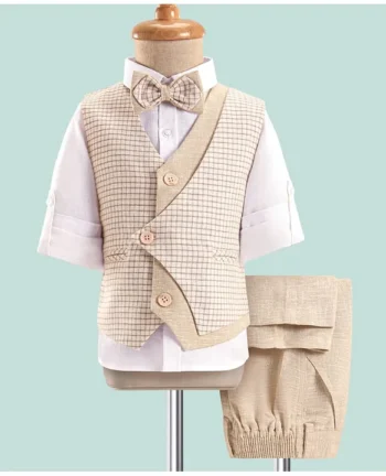 ROBO FRY Robo Fry Linen Full Sleeves Checks 3 Pieces Party Suit with Bow - White & Beige