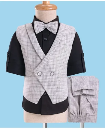 ROBO FRY Robo Fry Woven Full Sleeves Checks 3 Piece Party Suit With Bow - Black & Grey