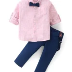 Mark & Mia Full Sleeves Checkered Shirt & Trouser Set with Bow & Suspender - Pink
