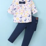 Mark & Mia Full Sleeves Alphabet Printed Shirt & Trouser Set with Bow & Suspender - Navy Blue
