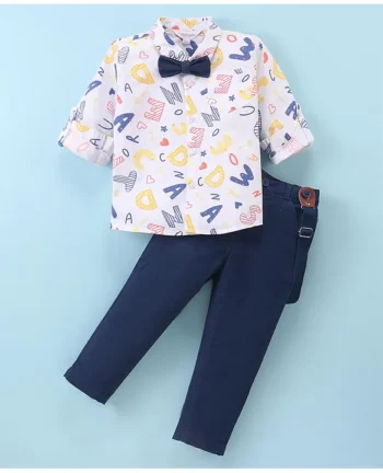 Mark & Mia Full Sleeves Alphabet Printed Shirt & Trouser Set with Bow & Suspender - Navy Blue