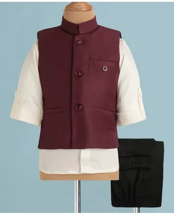 ROBO FRY Robo Fry Woven Full Sleeves Solid Colour 3 Piece Party Suit with Waist Coat - Maroon
