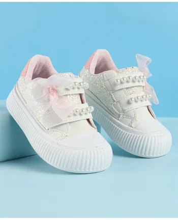 Babyoye Velcro Closure Casual Shoes With Bow & Pearl Applique - Pink